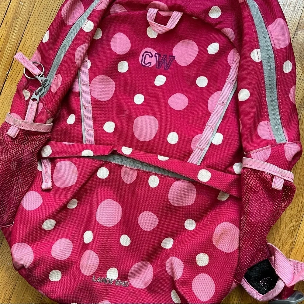 Lands’ End Classmate Girls Pink Polka Dot Initial “CW” Backpack